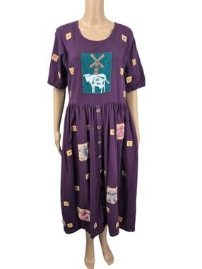 Vintage Purple Patchwork Button-Front Dress Cow Print Scarecrow Fall